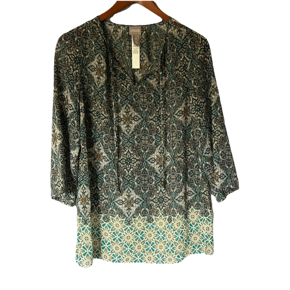 Women's Chicos Sheer Bell Sleeve Green Blouse Size 0 Forest Fairy Boho